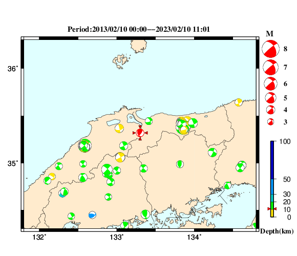 過去に起きた地震の初動発震機構解