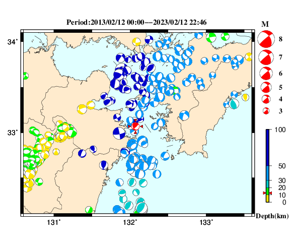 過去に起きた地震の初動発震機構解