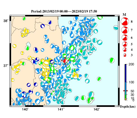 過去に起きた地震の初動発震機構解