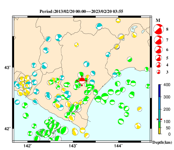 過去に起きた地震の初動発震機構解