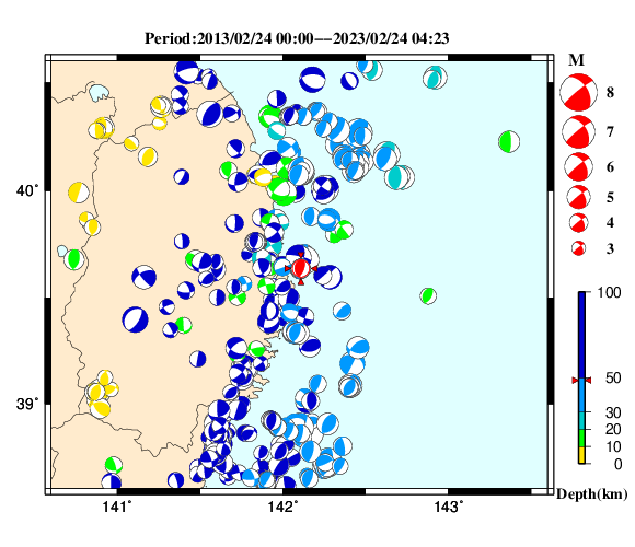 過去に起きた地震の初動発震機構解
