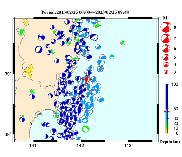 過去に起きた地震の初動発震機構解