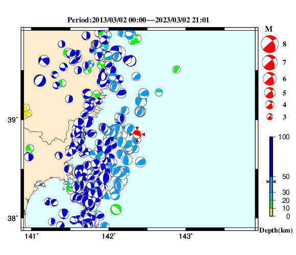 過去に起きた地震の初動発震機構解