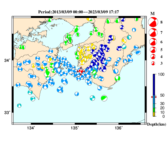 過去に起きた地震の初動発震機構解