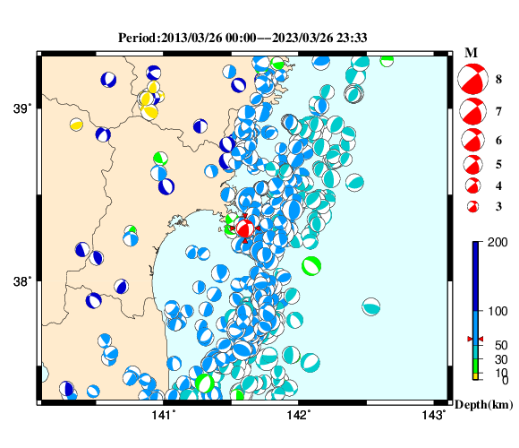 過去に起きた地震の初動発震機構解