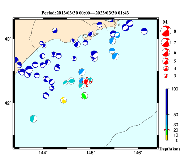 過去に起きた地震の初動発震機構解