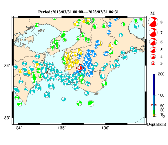 過去に起きた地震の初動発震機構解