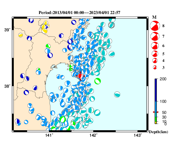過去に起きた地震の初動発震機構解