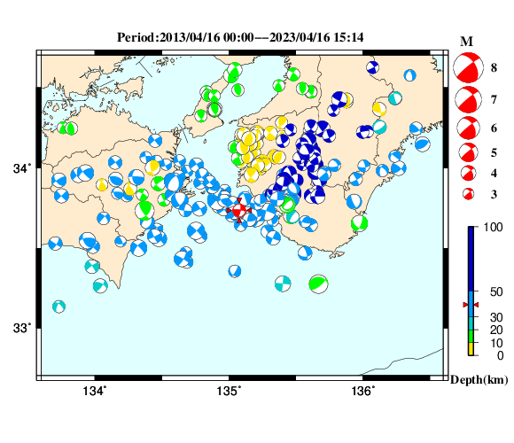 過去に起きた地震の初動発震機構解