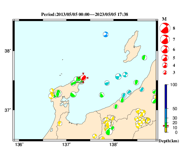 過去に起きた地震の初動発震機構解