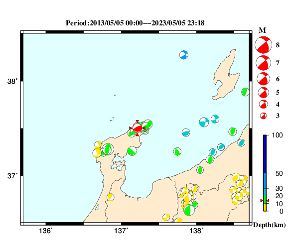 過去に起きた地震の初動発震機構解