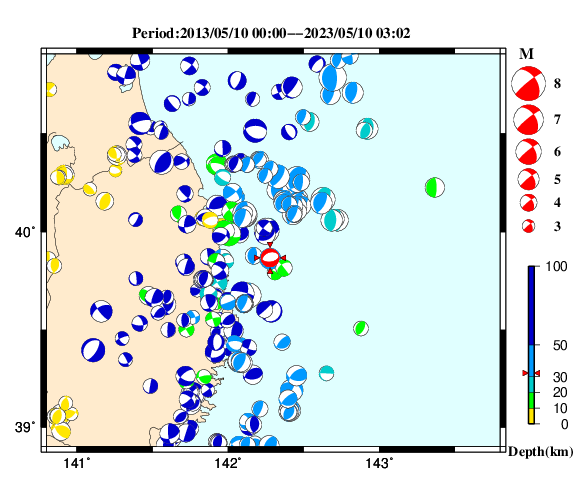 過去に起きた地震の初動発震機構解