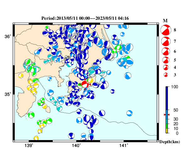 過去に起きた地震の初動発震機構解