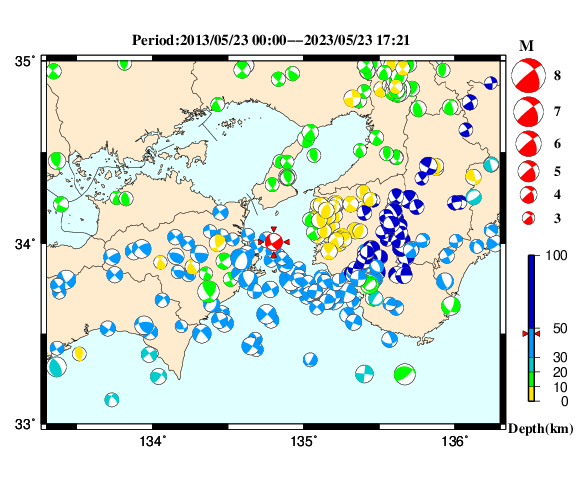 過去に起きた地震の初動発震機構解