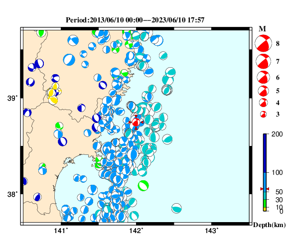 過去に起きた地震の初動発震機構解
