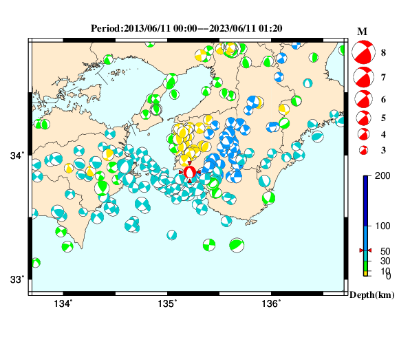 過去に起きた地震の初動発震機構解