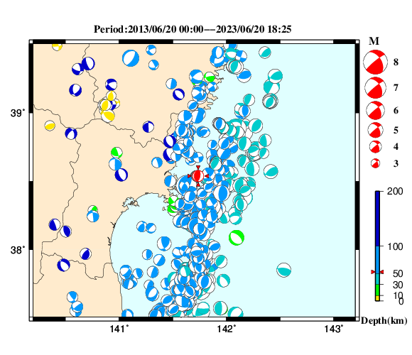 過去に起きた地震の初動発震機構解