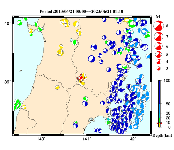 過去に起きた地震の初動発震機構解