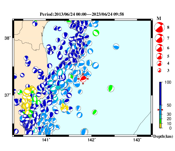 過去に起きた地震の初動発震機構解
