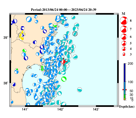 過去に起きた地震の初動発震機構解