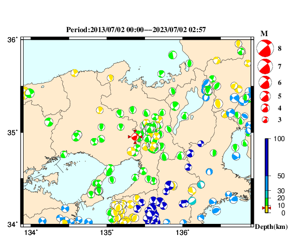 過去に起きた地震の初動発震機構解