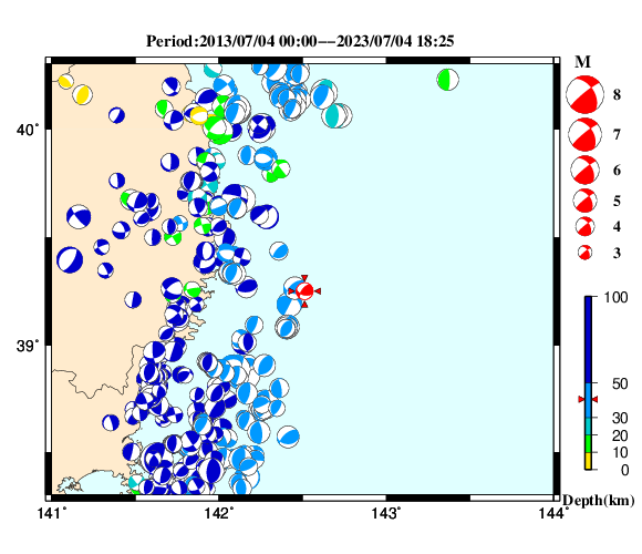 過去に起きた地震の初動発震機構解