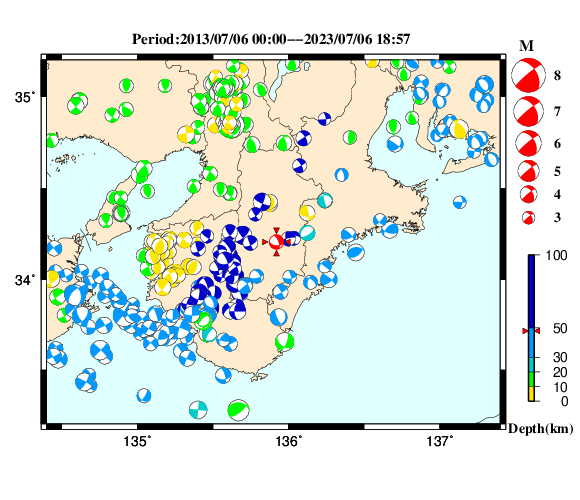 過去に起きた地震の初動発震機構解