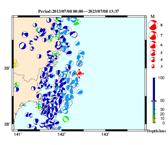 過去に起きた地震の初動発震機構解