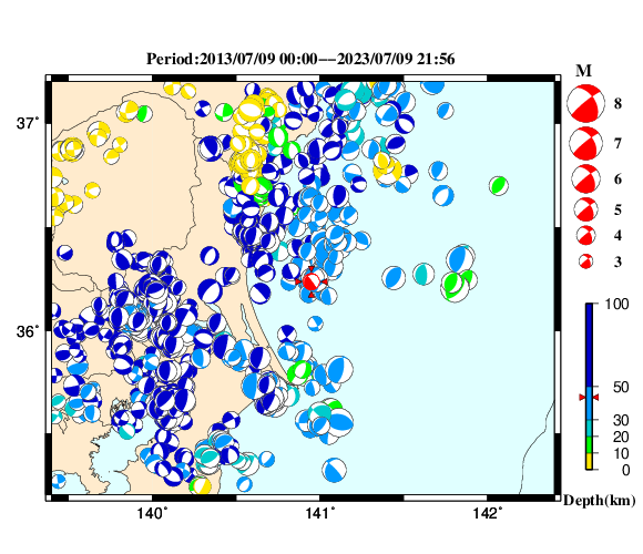 過去に起きた地震の初動発震機構解