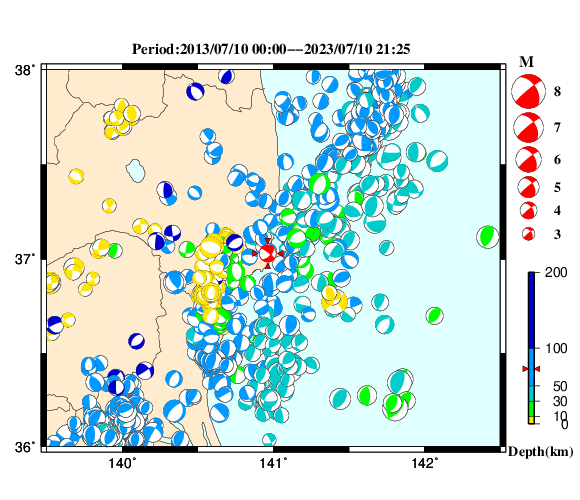 過去に起きた地震の初動発震機構解