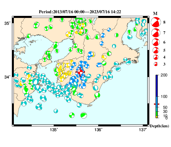 過去に起きた地震の初動発震機構解