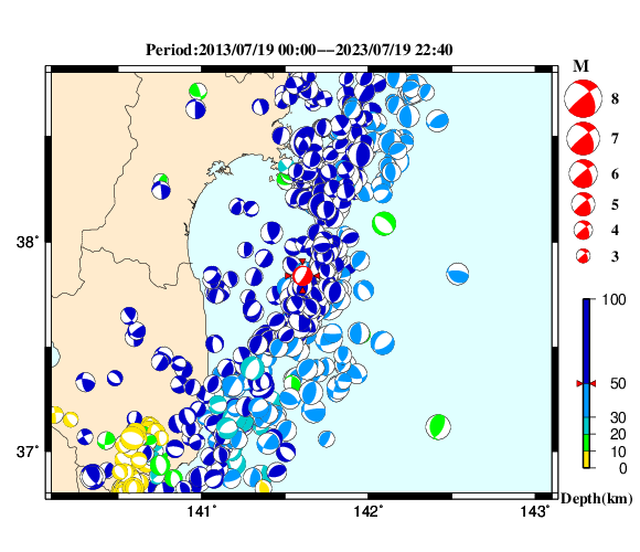 過去に起きた地震の初動発震機構解