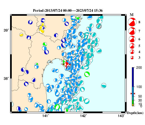 過去に起きた地震の初動発震機構解