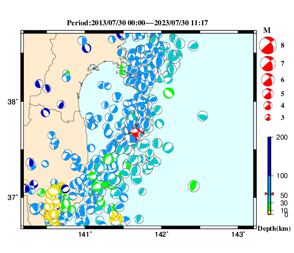 過去に起きた地震の初動発震機構解