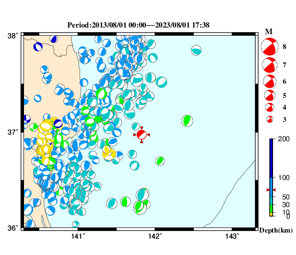 過去に起きた地震の初動発震機構解