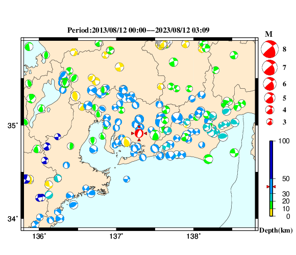 過去に起きた地震の初動発震機構解