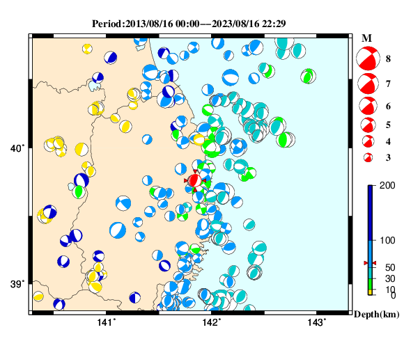 過去に起きた地震の初動発震機構解