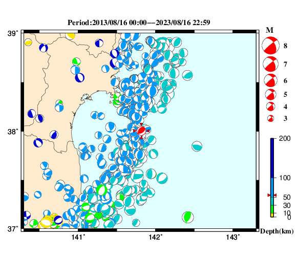 過去に起きた地震の初動発震機構解