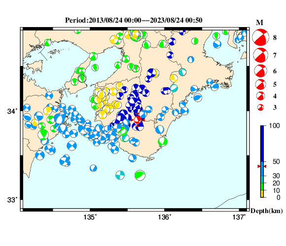 過去に起きた地震の初動発震機構解