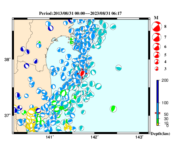 過去に起きた地震の初動発震機構解