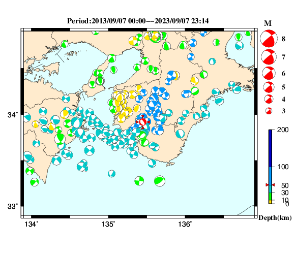 過去に起きた地震の初動発震機構解