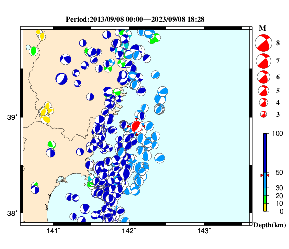 過去に起きた地震の初動発震機構解