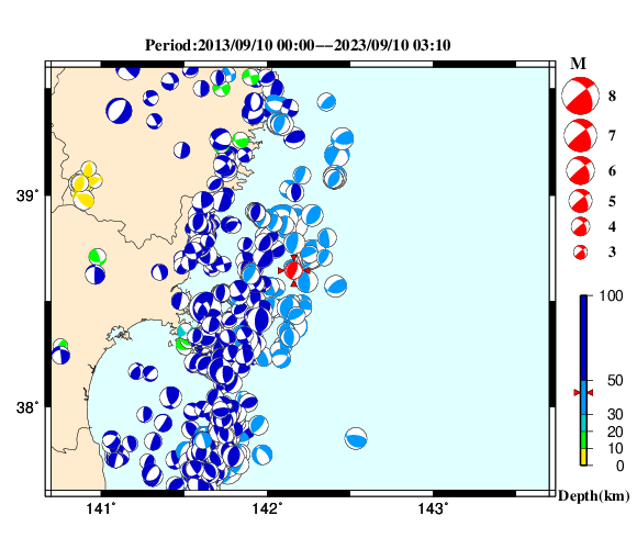 過去に起きた地震の初動発震機構解