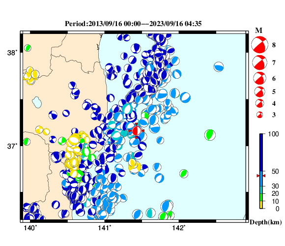 過去に起きた地震の初動発震機構解