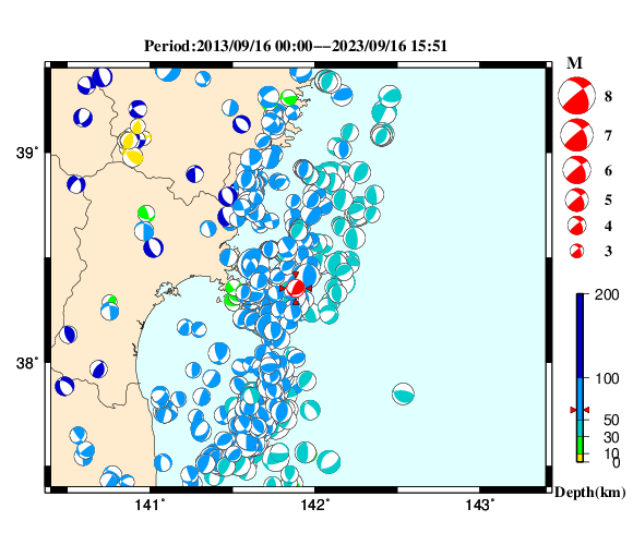 過去に起きた地震の初動発震機構解