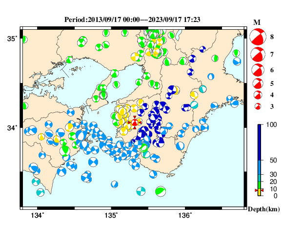 過去に起きた地震の初動発震機構解