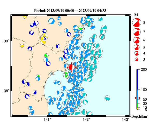 過去に起きた地震の初動発震機構解