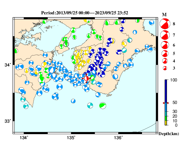 過去に起きた地震の初動発震機構解