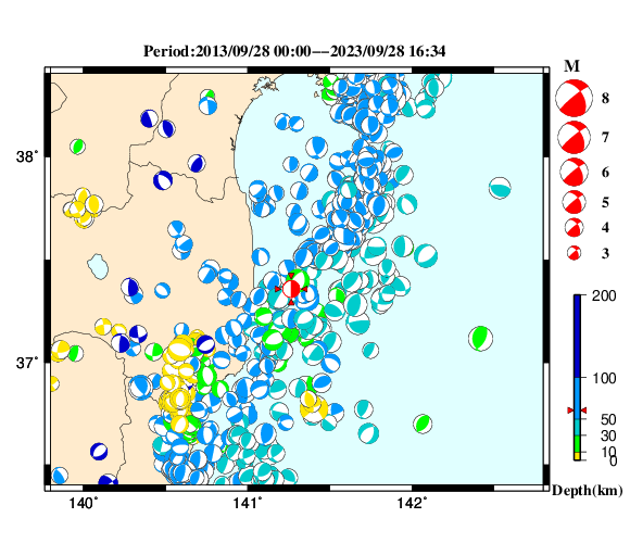 過去に起きた地震の初動発震機構解