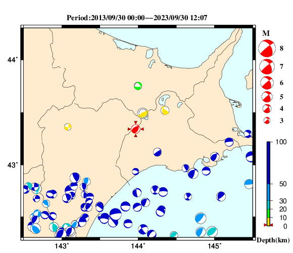 過去に起きた地震の初動発震機構解